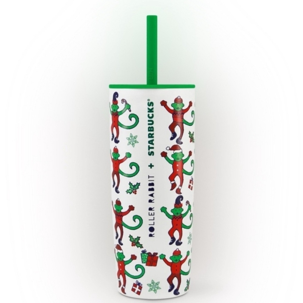 Starbucks X Roller Rabbit 24 oz White and Green Christmas Holiday Monkey Tumbler